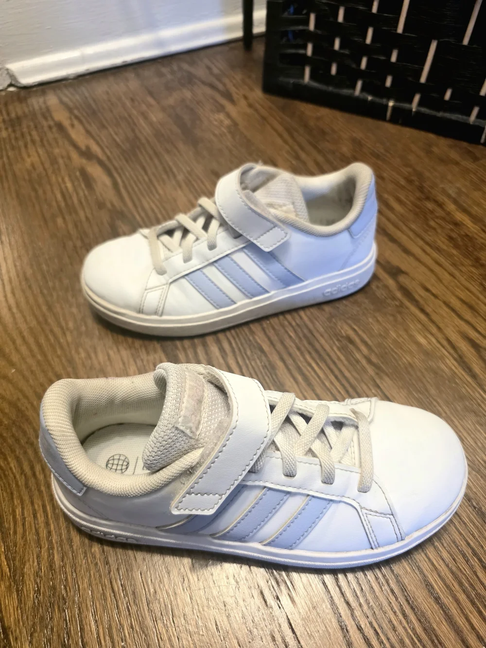 adidas Kids White Sneakers with Light Blue Stripes Velcro